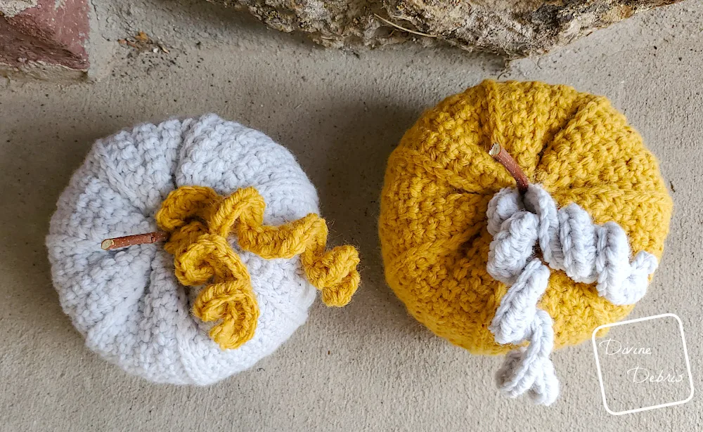 [Image description] Top down view of the Keeley Pumpkins, one yellow and one gray, sitting on a cement ground with the tendrils contrasting.