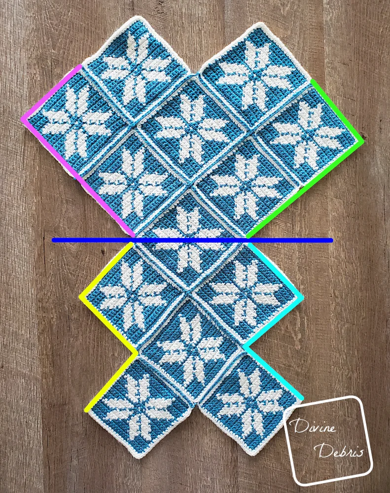 [Image description] Susie Snowflake Bag assembly photo 1 - all 13 squares are seamed and are laying on an fake wood background