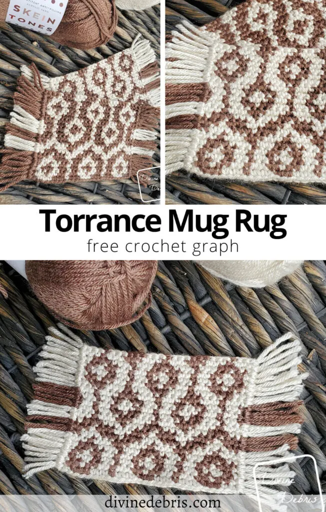 Learn to make this fun and geometrically inspired home decor item, the Torrance Mug Rug crochet pattern by Divine Debris. Inspired by the carpet in the Overlook Hotel from the Shining.