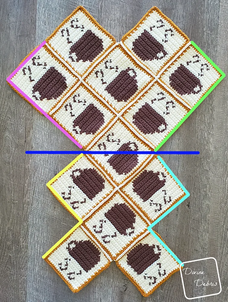 [Image description] Calliope Coffee Bag assembly photo 1 - all 13 squares are seamed and are laying on an fake wood background