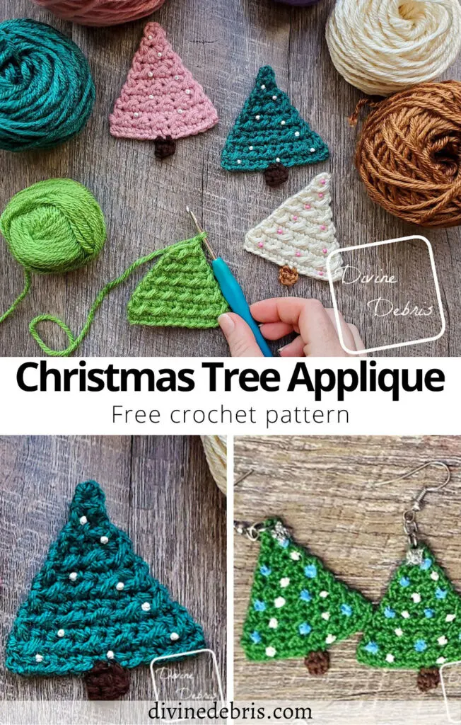 Learn to make the simple and fun Christmas Tree Applique, also a great earrings pattern, from a free crochet pattern on DivineDebris.com