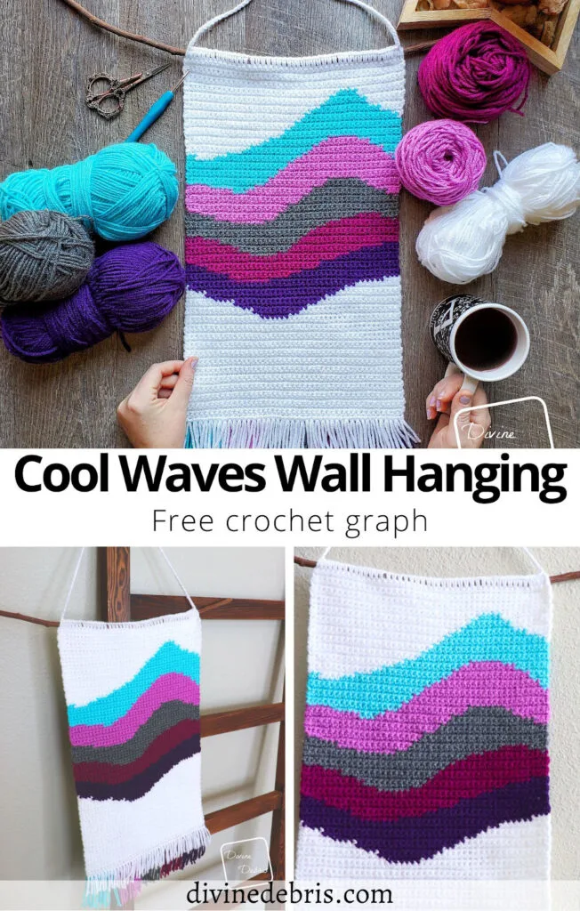 Learn to make the fun, stash busting, and colorful Cool Waves Wall-Hanging from a free crochet pattern graph available on DivineDebris.com