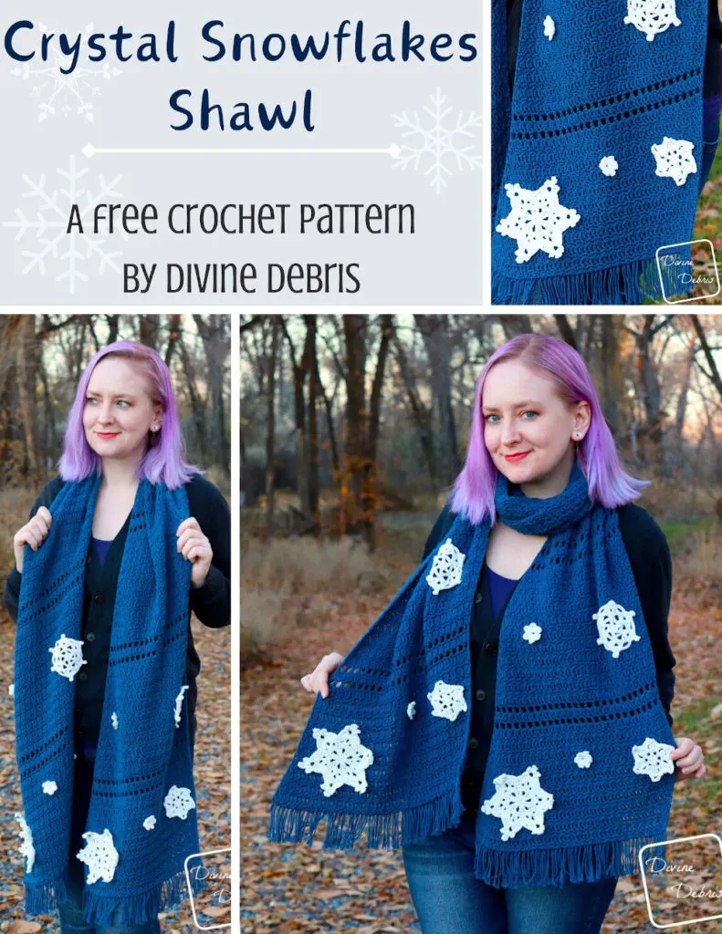 Learn to make a fun and cozy shawl, which makes a great scarf, with snowflake appliques with the Crystal Snowflakes Shawl free crochet pattern by Divine Debris.