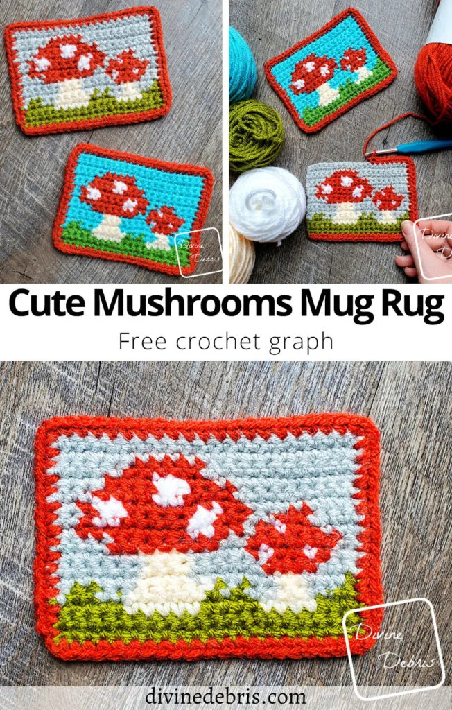 Get creative in your home with the fun and colorful Cute Mushrooms Mug Rug from a free graph by DivineDebris.com