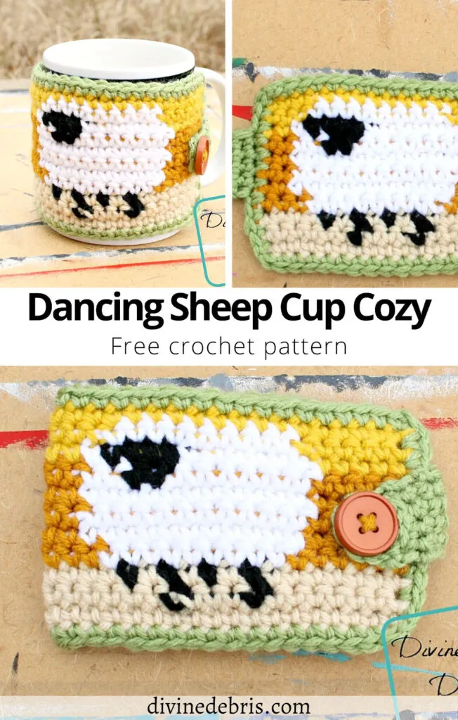 Show some appreciation for squishy and cute sheep with this easy Dancing Sheep Cup Cozy crochet pattern on DivineDebris.com.