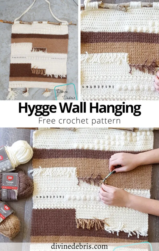Learn how to make a fantastic a fun home decor piece, the Hygge Wall Hanging, from a free crochet pattern on DivineDebris.com