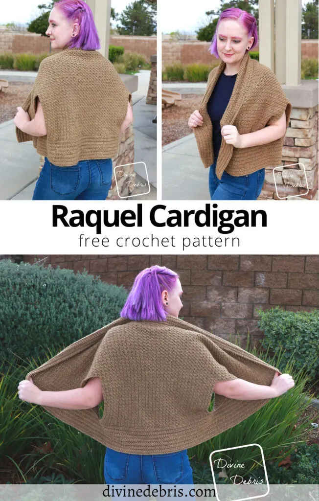 Learn to make the Raquel Cardigan, a fun and interesting take on cardigans, from a free crochet pattern on DivineDebris.com