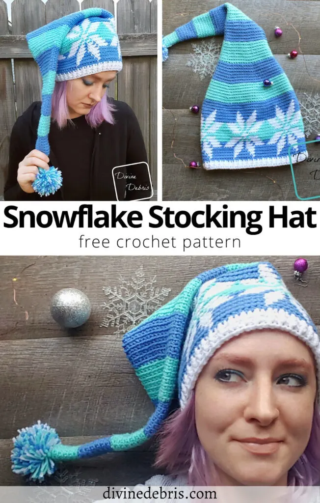 Get into an elf like mood with this fun and creative Stocking Snowflake Hat from a free crochet pattern by DivineDebris.com