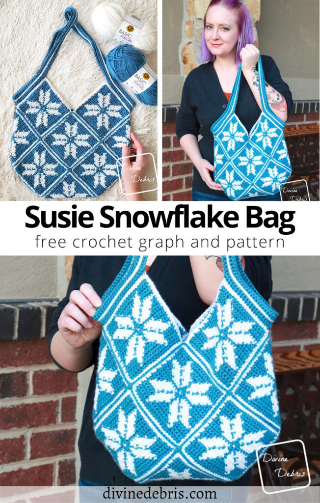 Learn to make the fun and winter themed shoulder bag with the free Susie Snowflake Bag crochet pattern by Divine Debris
