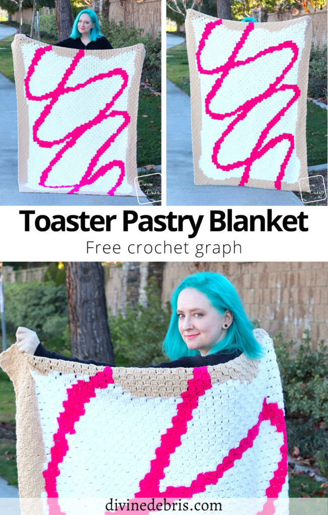 Learn to make the fun, silly, and customizable crochet blanket, the C2C Toaster Pastry Blanket, from a free crochet pattern by DivineDebris