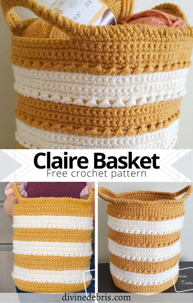 Learn to make the fun and easy striped bulky weight Claire Basket from a free crochet pattern by DivineDebris.com