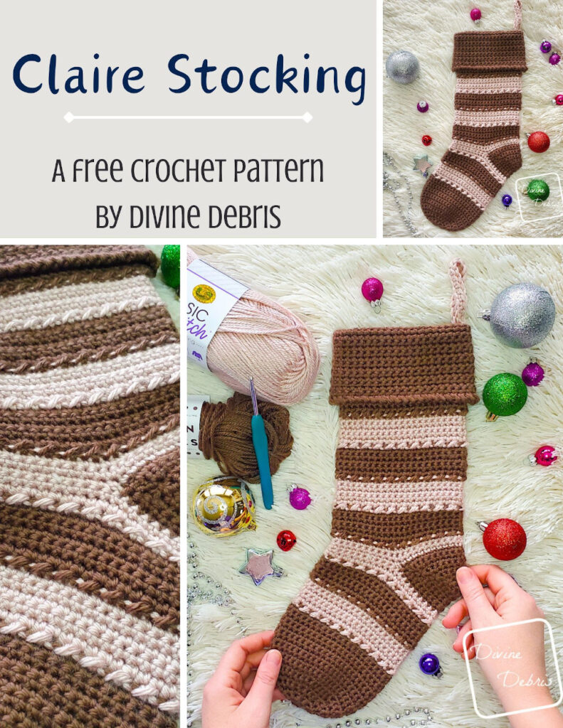 [Image description] A 3 photo collage of the Claire Stocking crochet pattern by Divine Debris.