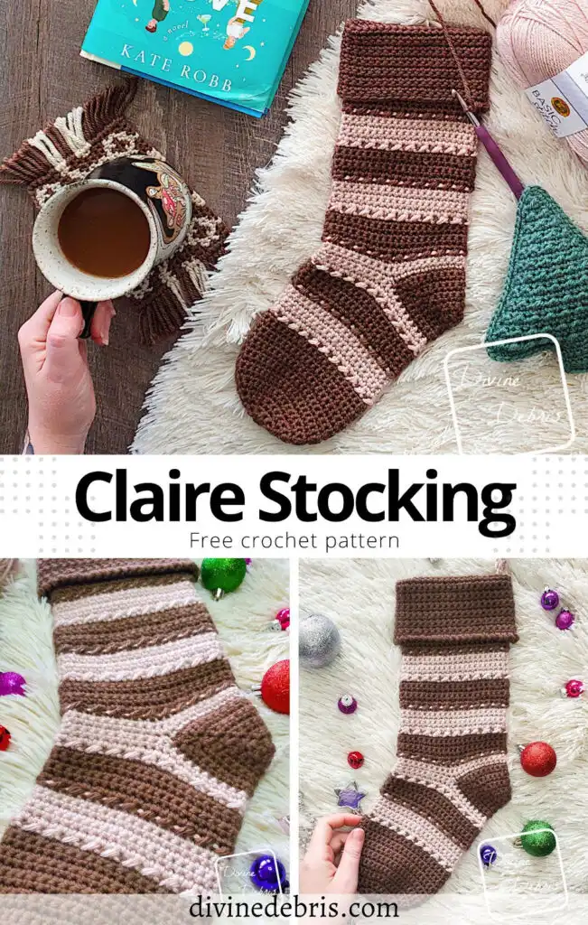 Learn to make the fun and bold striped Christmas decoration, the free Claire Stocking crochet pattern by Divine Debris.