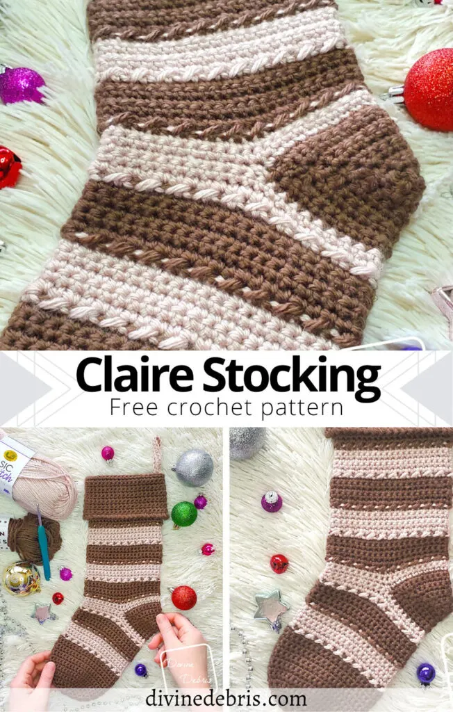 Learn to make the fun and bold striped Christmas decoration, the free Claire Stocking crochet pattern by Divine Debris.