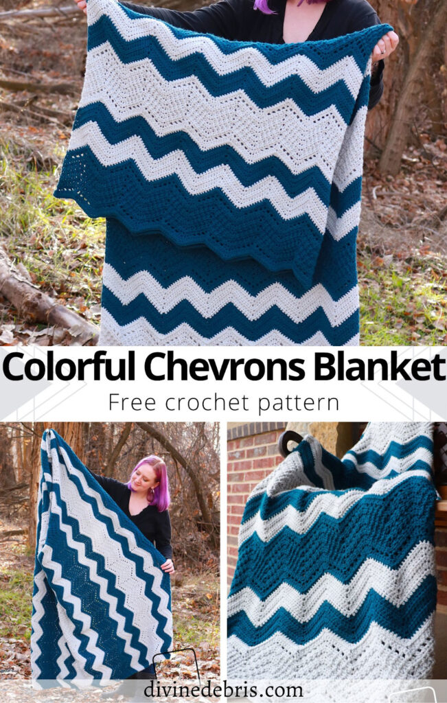 Learn to make this fun take on the classic chevron crochet blanket with the added texture and stripes with the free Colorful Chevrons Blanket crochet pattern by Divine Debris