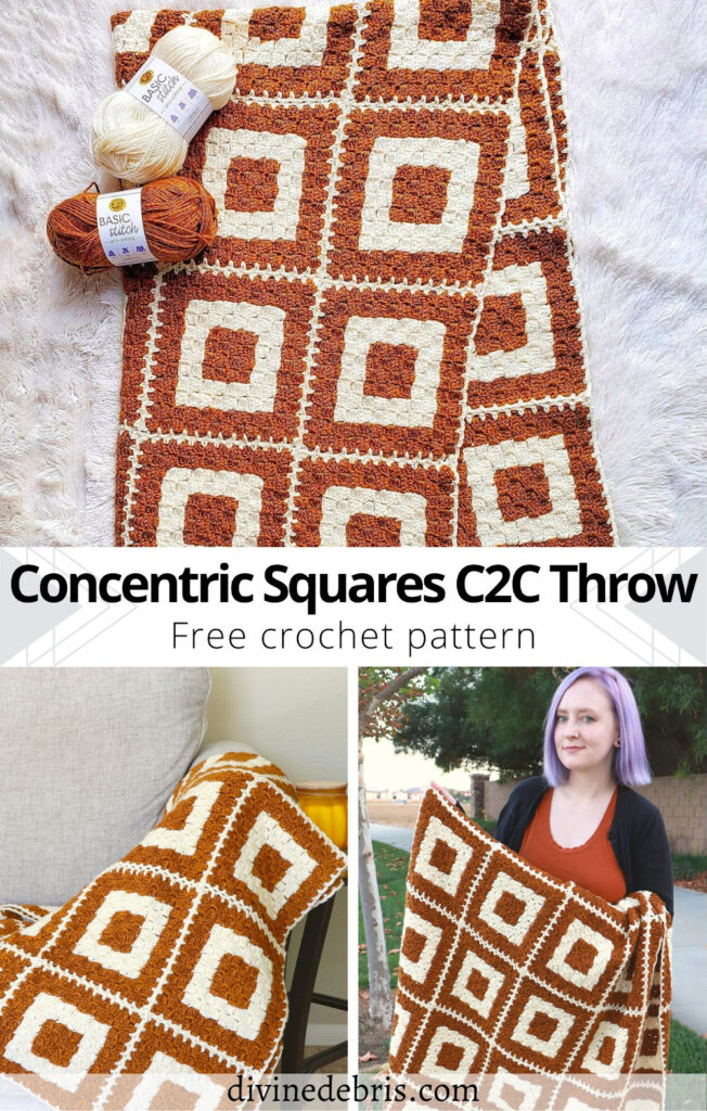 Learn to make the fun and eye-catching Concentric Squares Throw blanket from a free C2C crochet pattern on DivineDebris.com