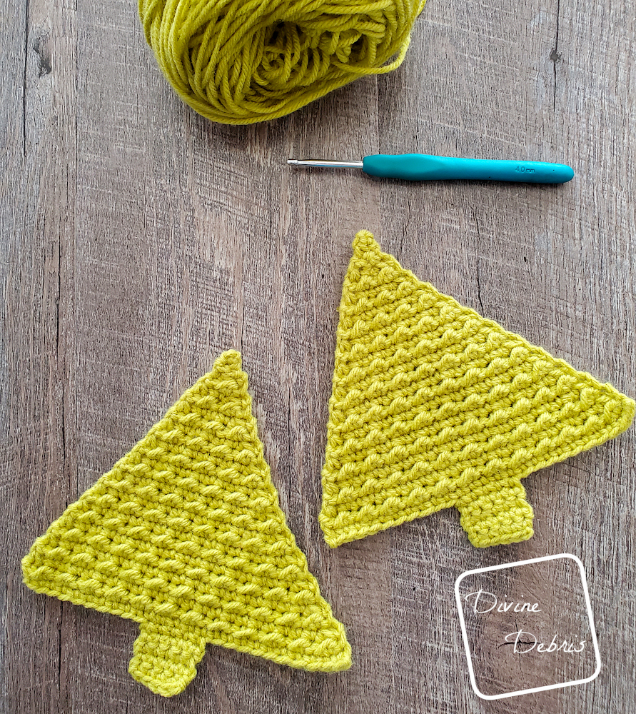 [Image description] Top down view of 2 pieces of the Cute Tree Amigurumi in lime green, before seaming.  