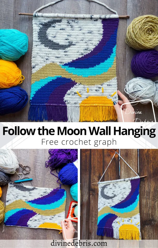 Learn to make the Follow the Moon Wall Hanging, a colorful home decor item, from a free crochet pattern by DivineDebris.com