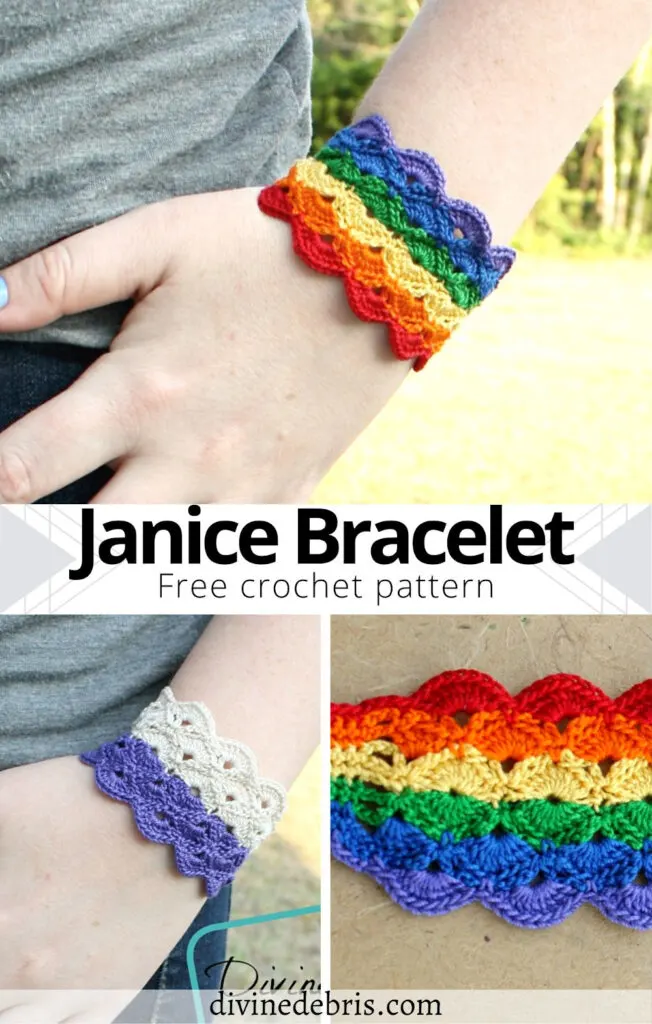 Learn to make the fun, eye-catching, and surprisingly easy Janice Bracelet from a free crochet pattern on DivnieDebris.com