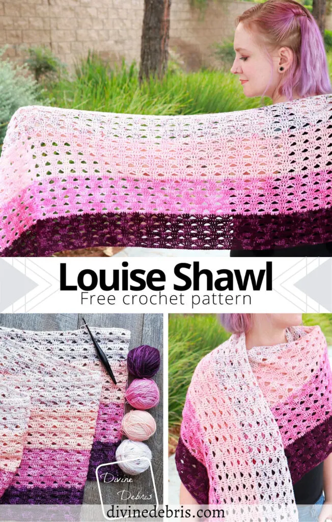 Get your fingering weight yarn and make the simple, easy, and very customizable free crochet pattern - the Louise Shawl by DivineDebris.com
