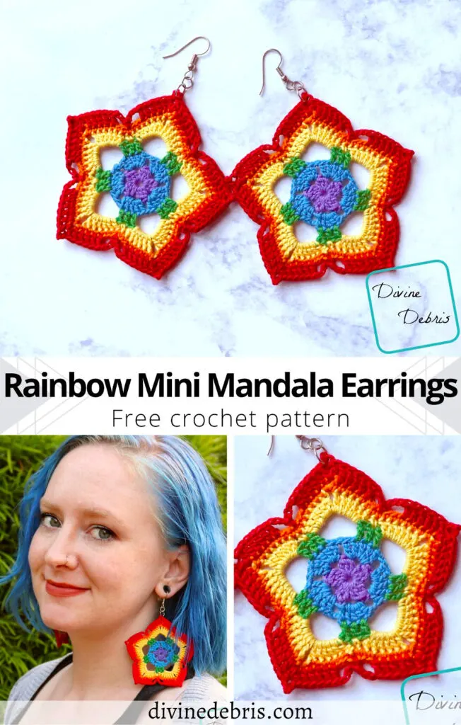 Learn to make the Rainbow Mini Mandala Crochet Earrings from a simple and easy to customize step by step photo tutorial on DivineDebris.com