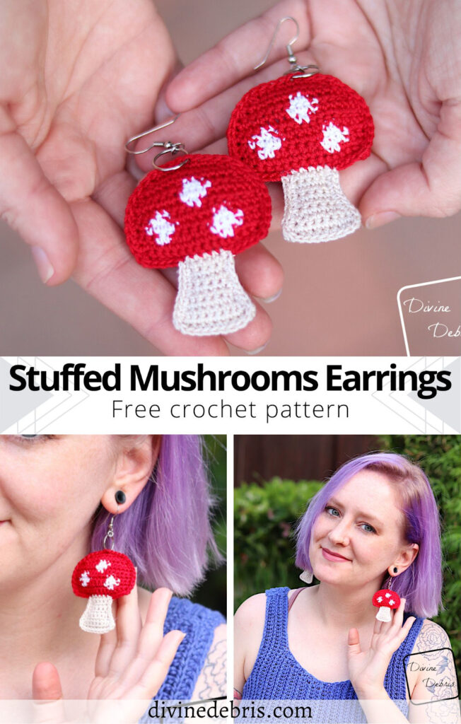 Learn to make the fun, easy, and whimsical free Stuffed Mushrooms Earrings crochet pattern on DivineDebris.com 
