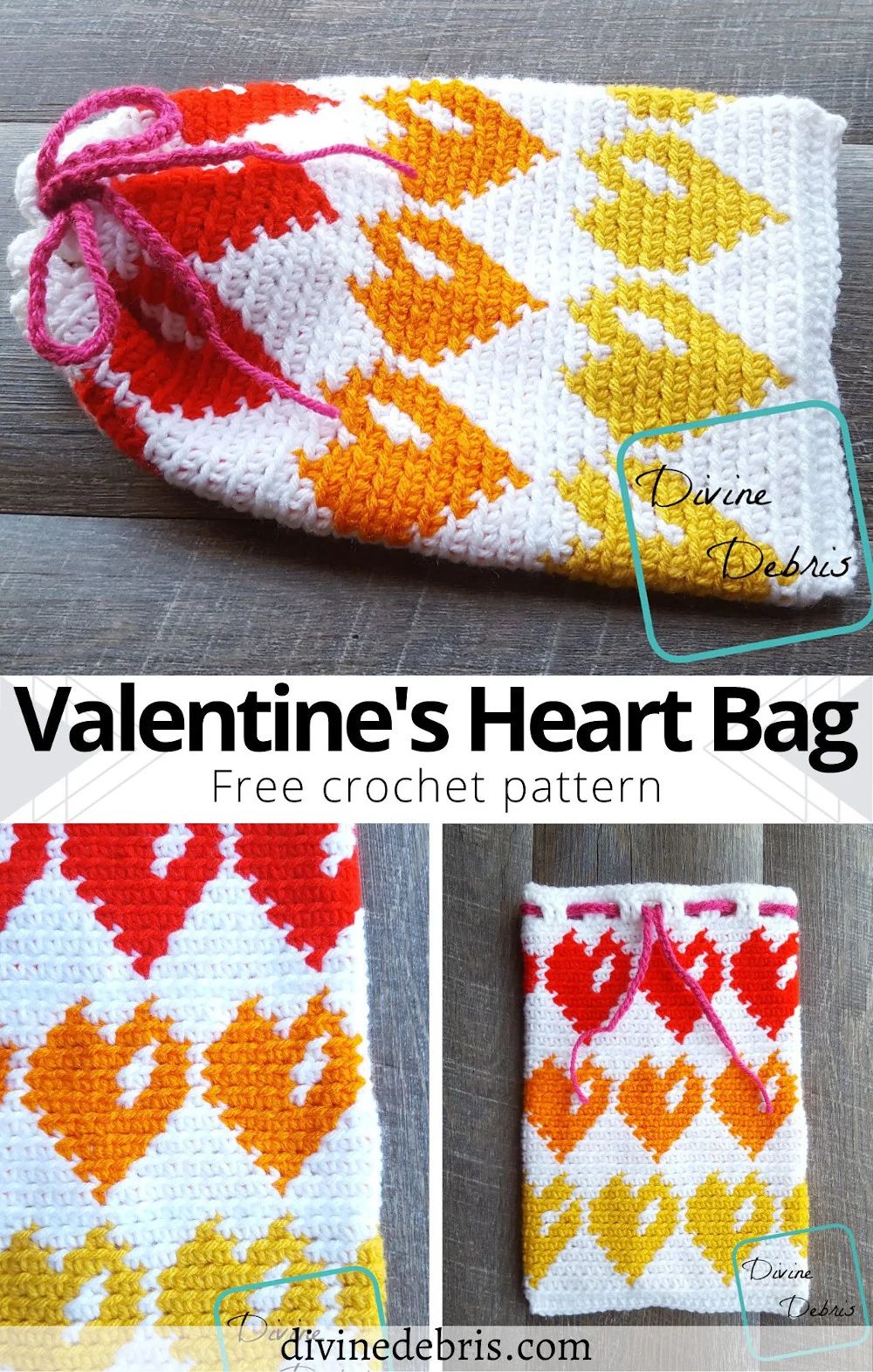 Make a perfect bag to store all the sweet treats and mementos you get with this Valentine's Heart Bag free crochet pattern by DivineDebris.com