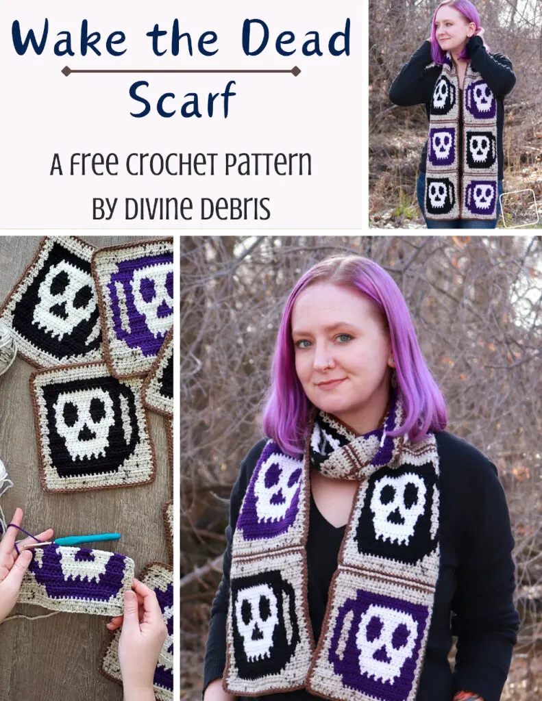 Learn to make the Wake the Dead Scarf - a fun coffee cup and skull design in this square based pattern from a free graph by Divine Debris.