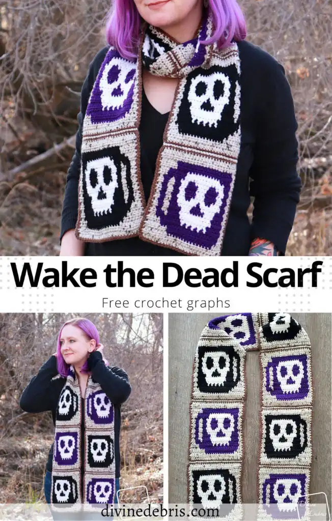 Learn to make the Wake the Dead Scarf - a fun coffee cup and skull design in this square based pattern from a graph by Divine Debris.