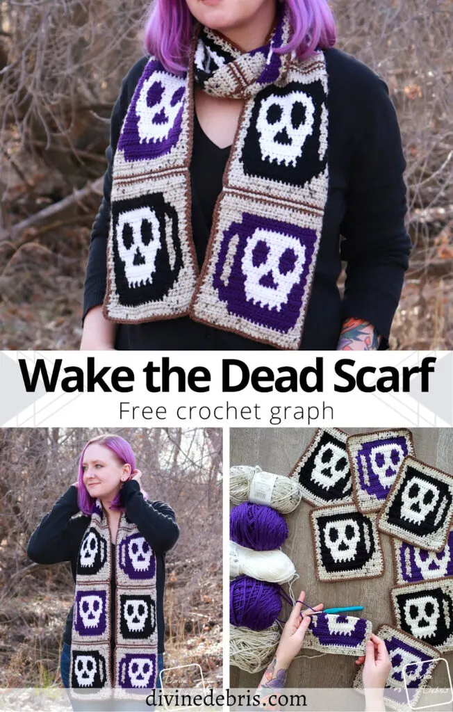 Learn to make the Wake the Dead Scarf - a fun coffee cup and skull design in this square based pattern from a free graph by Divine Debris.