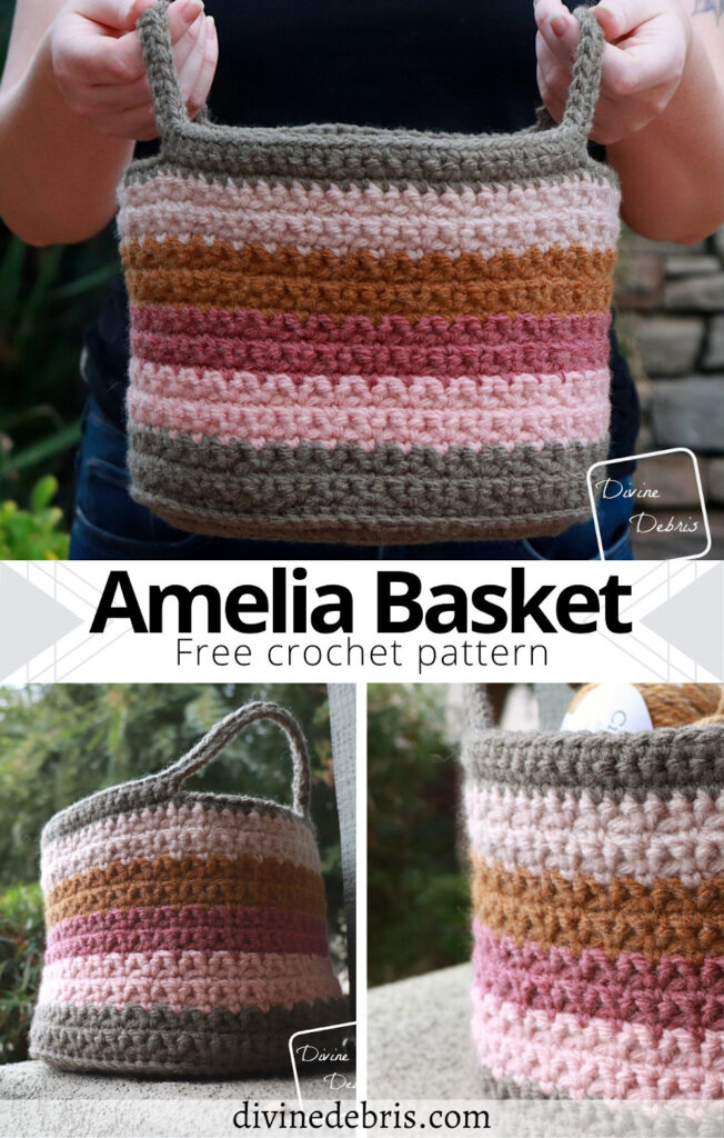 Learn to make the fun, textured, and easy Amelia Basket from a free crochet pattern available on DivineDebris.com. Fun to customize and make!