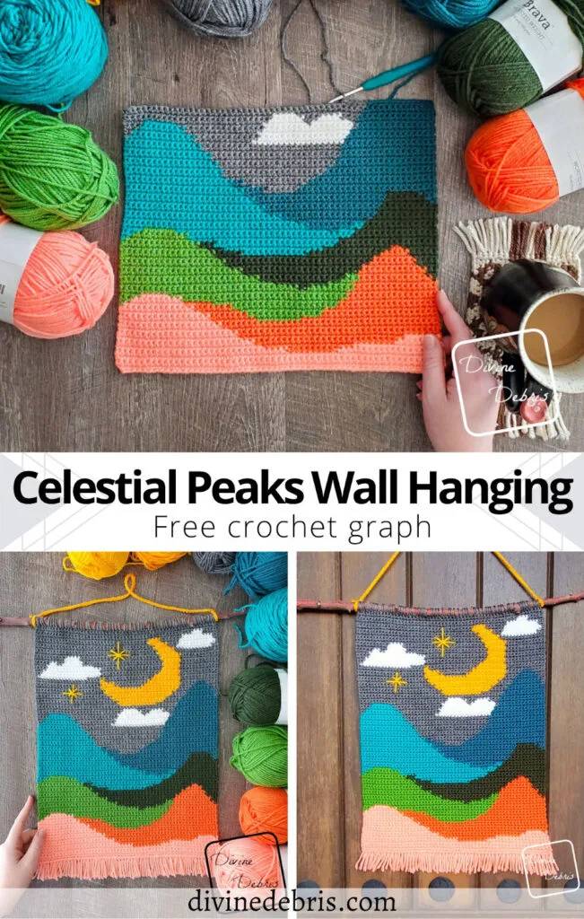 Learn to make the colorful and customizable Celestial Peaks Wall Hanging from a free crochet graph by Divine Debris.