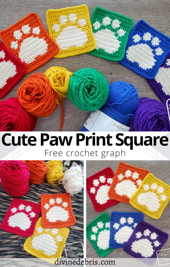 Learn to make the Cute Paw Print Square, a great tribute to a furry friend, from a free crochet graph by Divine Debris.