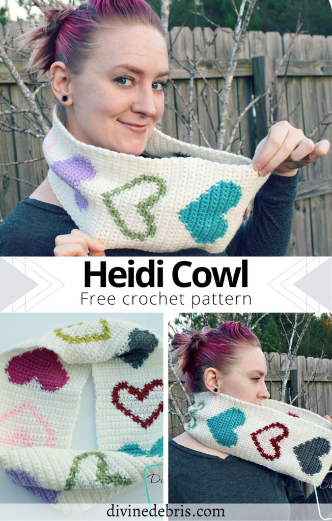 Make a scarf perfect for Valentine's Day or any day of the year with the Heidi Hearts Cowl free crochet pattern by DivineDebris.com