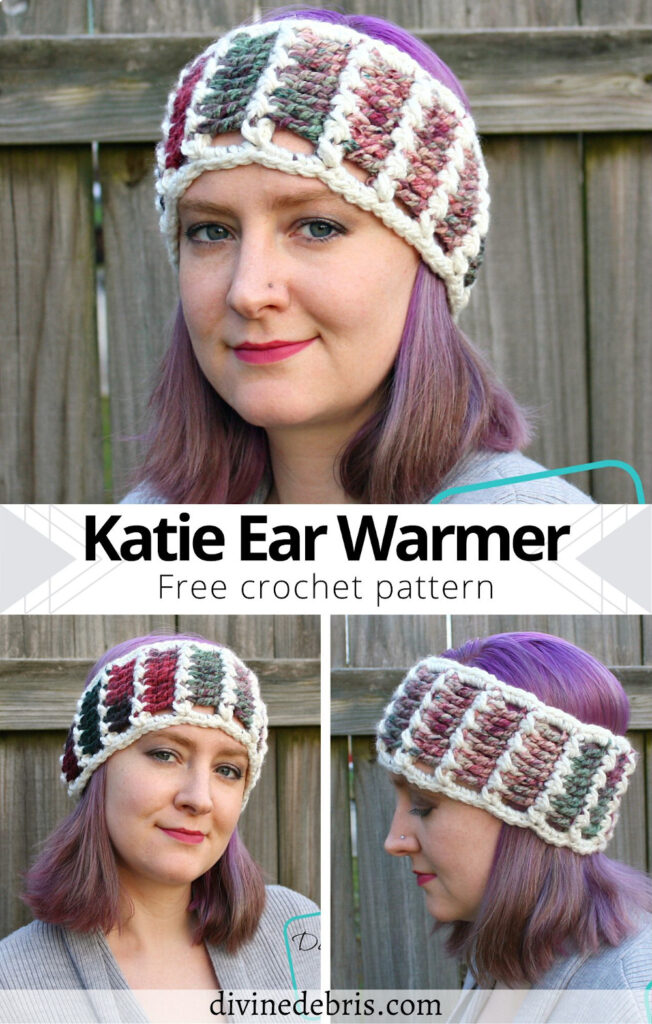 Be chic and cozy in this fun, easy, and stylish ear warmer, the Katie Ear Warmer, from a free pattern on DivineDebris.com
