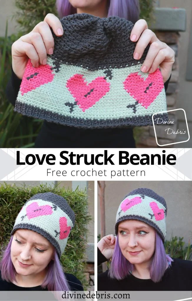 Learn to make the Love Struck Beanie, a fun combination of tapestry and traditional crochet techniques, from a free crochet pattern on DivineDebris