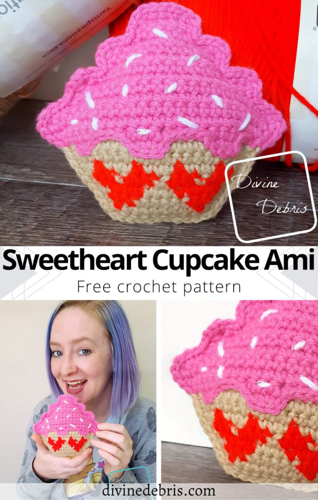 Learn to make a fun and silly Valentine's Day inspired crochet cupcake amigurumi, the Sweetheart Cupcake Ami, from a free crochet pattern 