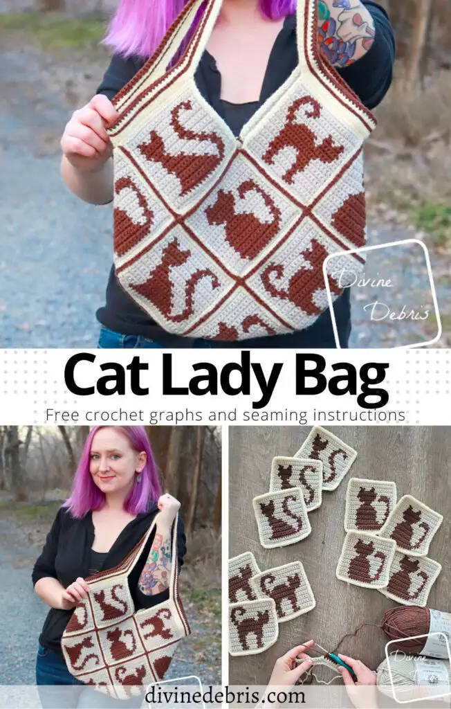 Learn to make this fun and feline inspired by, the Cat Lady Bag, from free graphs and assembly instructions by Divine Debris.