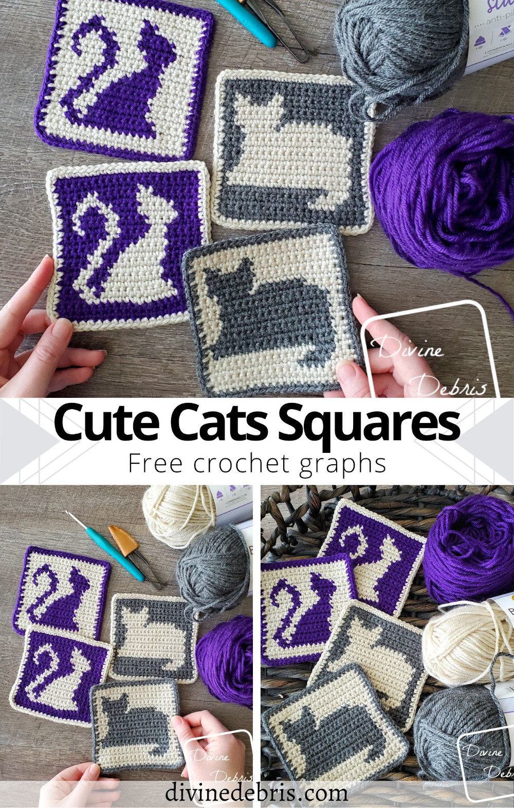 Learn to make Cute Cats Squares crochet coasters from free graphs by Divine Debris. Great for crochet, knitting, cross stitch, and more.