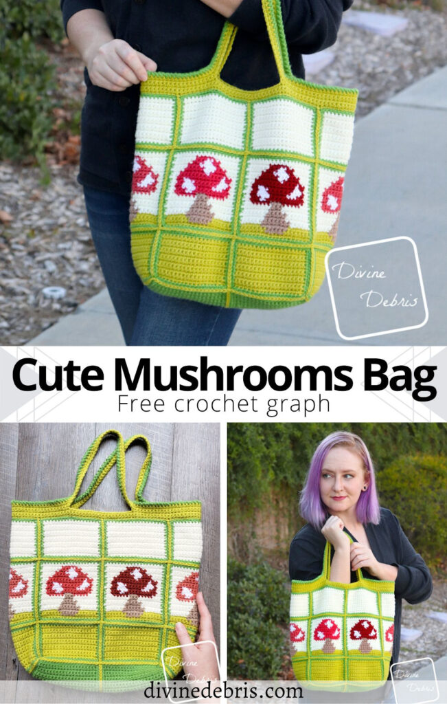 Learn to make this fun, colorful, and super customizable design, the Cute Mushrooms Bag, from a free crochet pattern by Divine Debris.