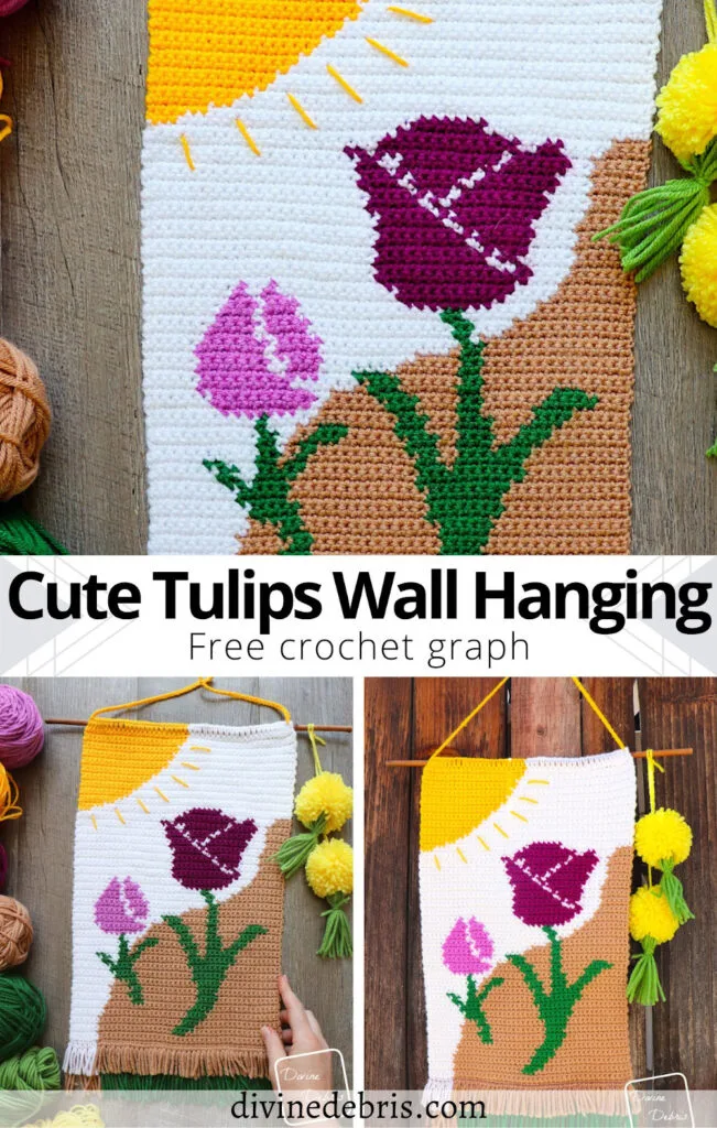 Get into the Spring spirit with this fun, floral, and colorful Cute Tulips Wall Hanging home decor piece from a free crochet pattern.