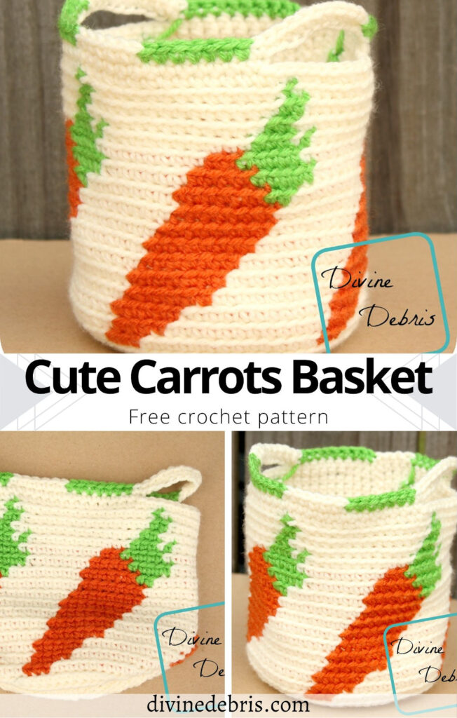 Learn to make the Cute Carrots Crochet Basket, a fun and easy tapestry crochet basket featuring repeated carrots, from a free pattern on DivineDebris.com