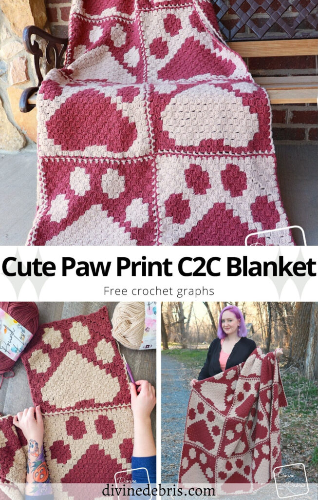 Learn to make the Cute Paw Print C2C Blanket from a free crochet graph and seaming instructions by Divine Debris