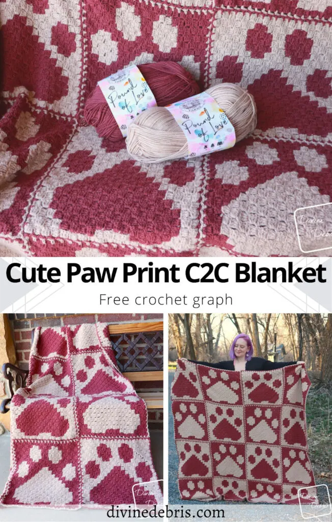 Learn to make the Cute Paw Print C2C Blanket from a free crochet graph and seaming instructions by Divine Debris
