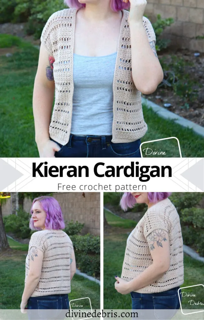 Have fun & look stylish while layering in the late Summer with the easy & customizable free Kieran Cardigan crochet pattern by Divine Debris