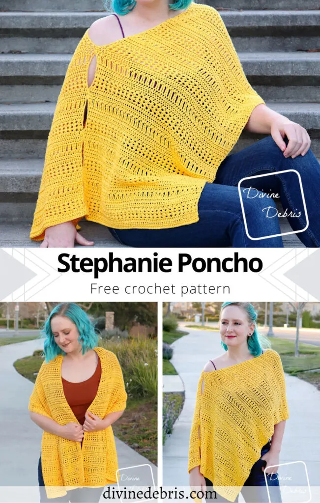 Learn to make the fun, customizable, and easy Stephanie Poncho crochet pattern, the perfect hot weather layering accessory.