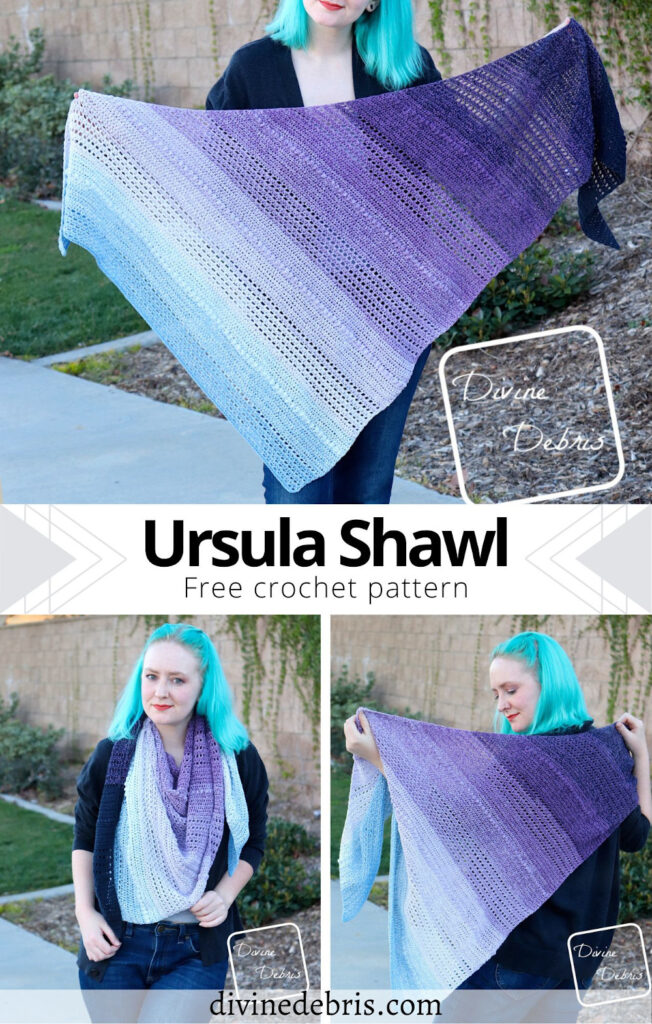 Learn to make the fun, textured, and easily customizable Ursula Shawl from a free and easy crochet pattern on DivineDebris.com