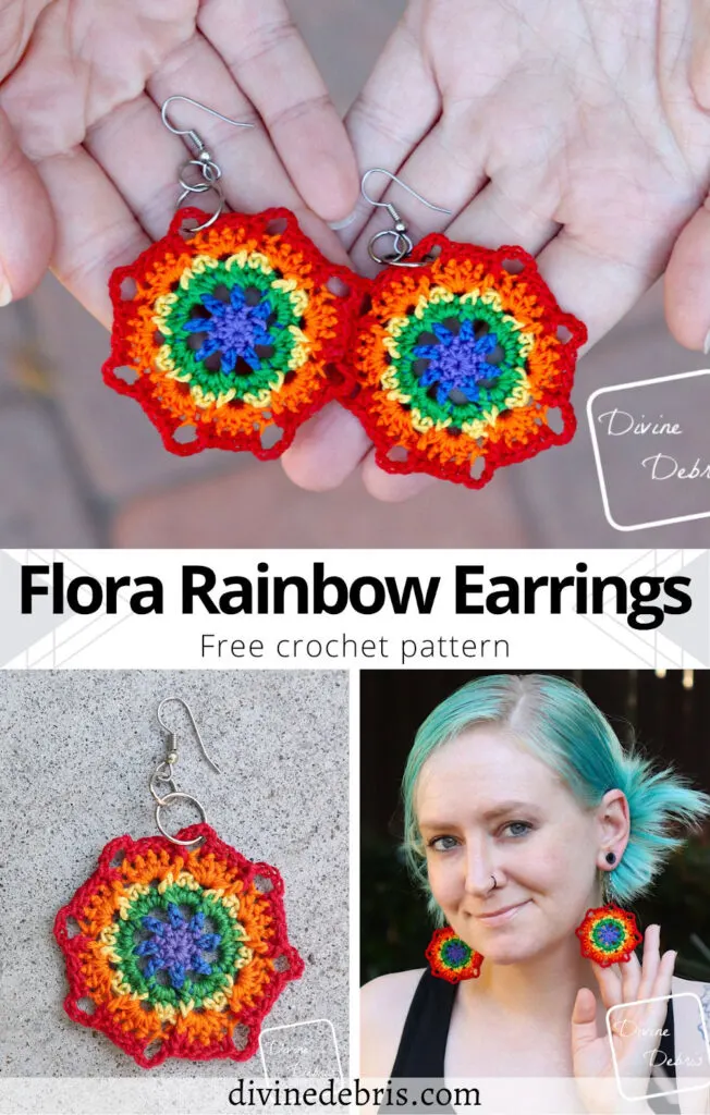 Learn to make the fun and easy Flora Rainbow Earrings crochet pattern, perfect for June, from a free pattern by DivineDebris.com