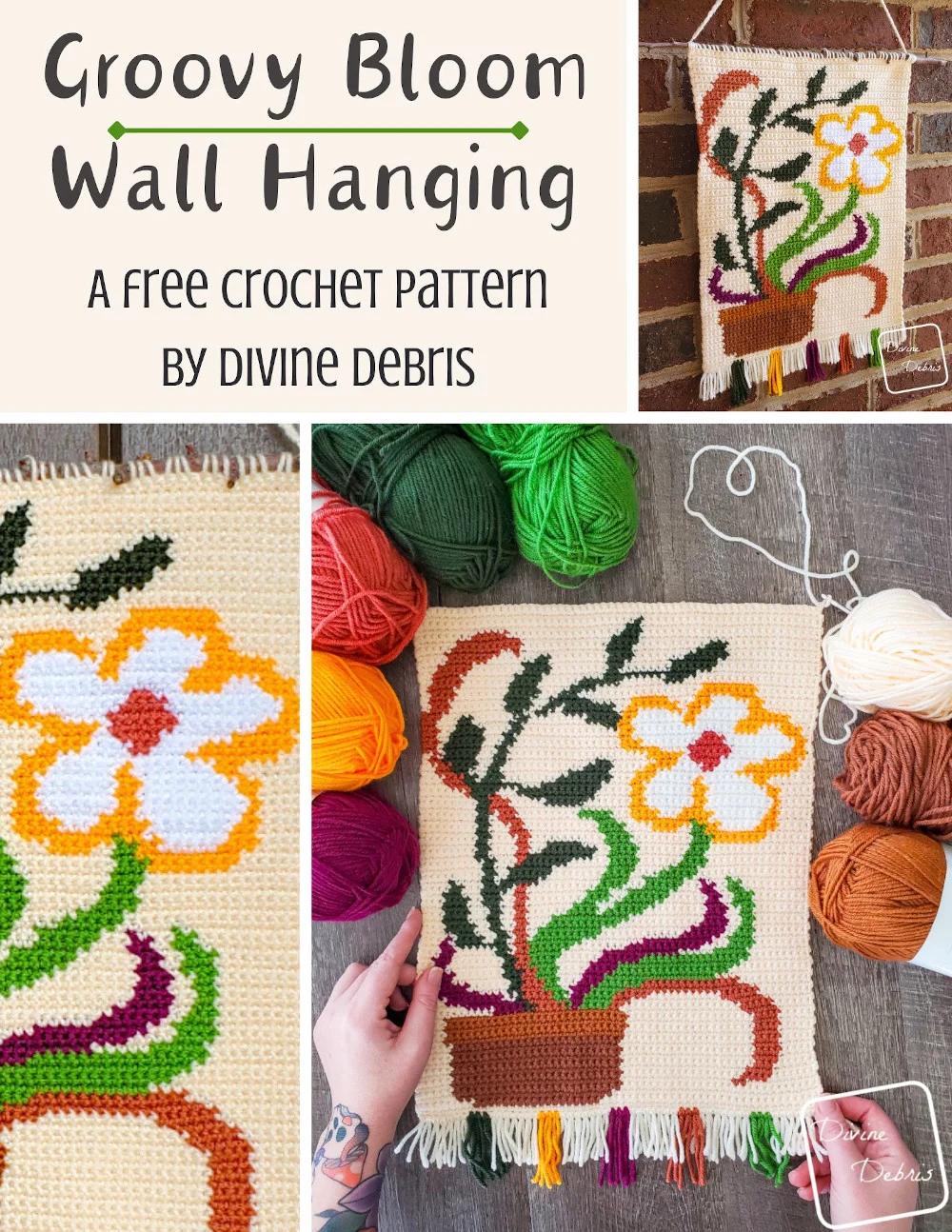 Learn to make the colorful, customizable, and retro Groovy Bloom Wall Hanging from a free crochet graph by Divine Debris.