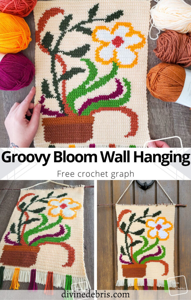 Learn to make the colorful, customizable, and retro Groovy Bloom Wall Hanging from a free crochet graph by Divine Debris.